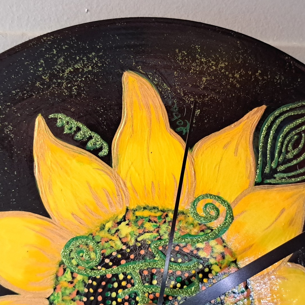 Hand Crafted Painted Sunflower Wall Clock - Black and Yellow Faith Home Decor - Picture 5 of 11